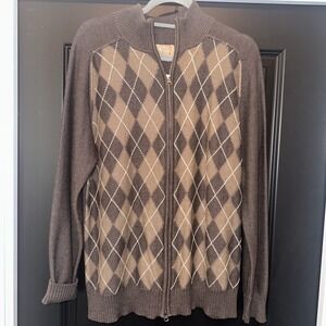 Vintage‎ Buckle BKE Mens L Knit Argyle Diamond Full Zip Cardigan Sweater Brown